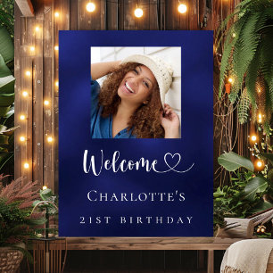 Navy blue photo birthday party welcome  poster