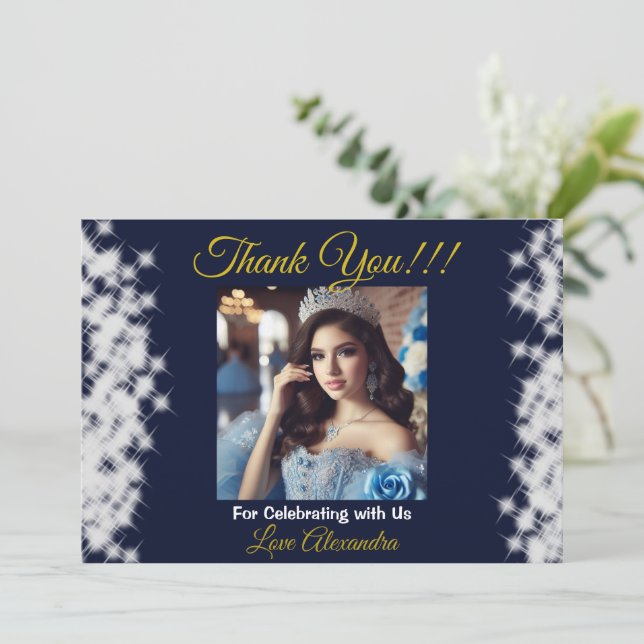Navy Blue Photo Boho Quinceañera Spanish Favour Thank You Card (Standing Front)