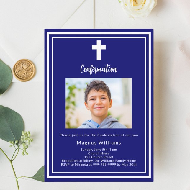 Navy blue photo boy Confirmation Invitation (Creator Uploaded)