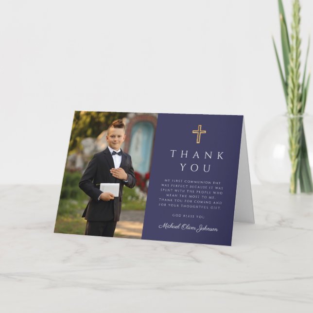 Navy Blue Photo Boy First Communion Folded Thank You Card (Front)