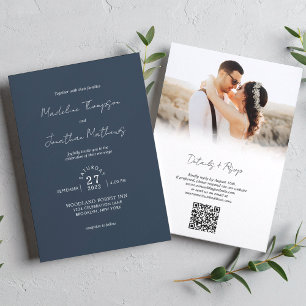 Navy Blue Photo Budget Wedding QR Code Rsvp Invitation
