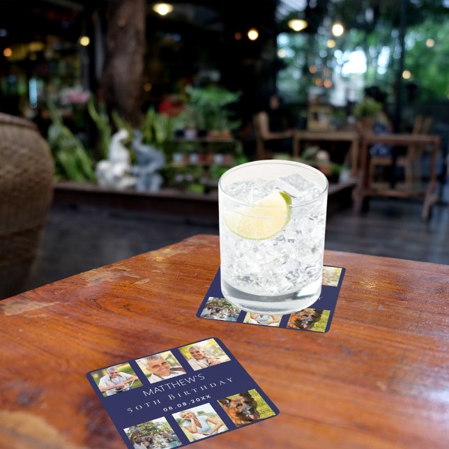 Navy blue photo collage birthday party square paper coaster (Creator Uploaded)