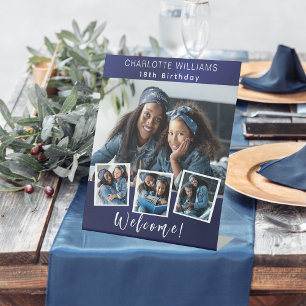 Navy blue photo collage birthday party welcome pedestal sign