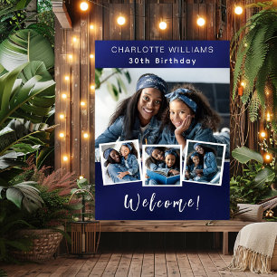 Navy blue photo collage birthday party welcome poster