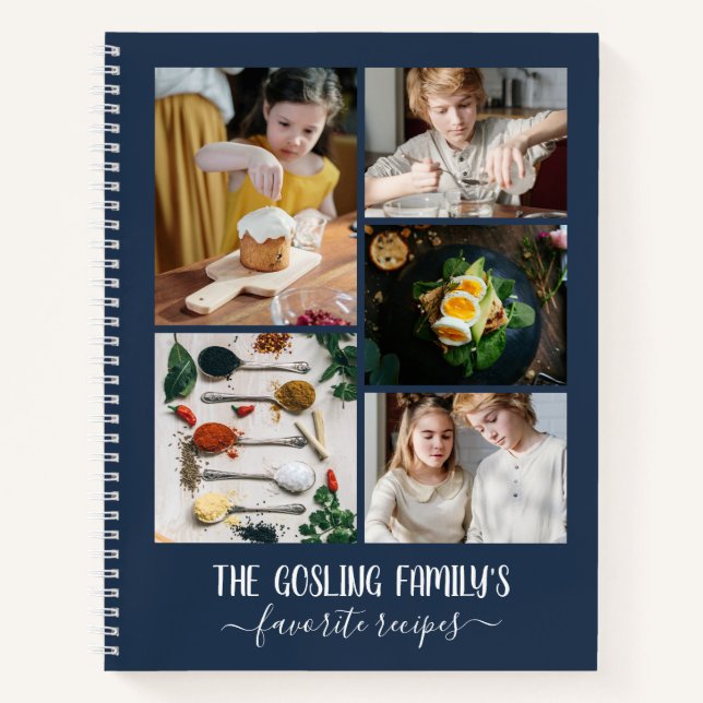 Navy Blue Photo Collage Family Recipes Notebook (Front)