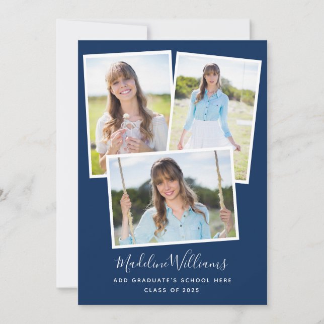 Navy Blue Photo Collage Graduation Party Invitation (Front)