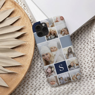 Navy Blue Photo Collage & Monogram iPhone 16 Case