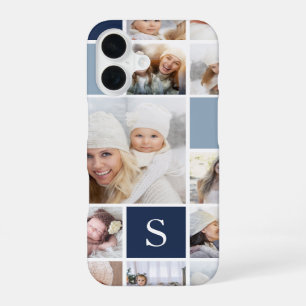Navy Blue Photo Collage & Monogram iPhone 16 Case