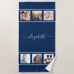 Navy blue photo collage monogram script beach towel