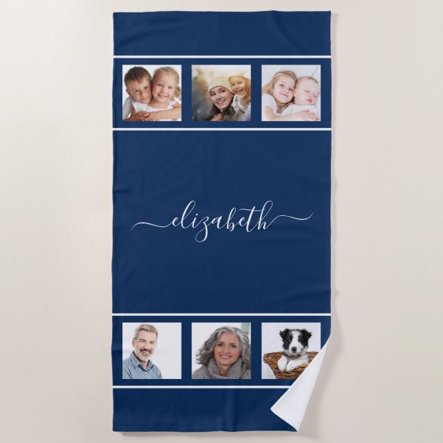 Navy blue photo collage monogram script beach towel (Front)