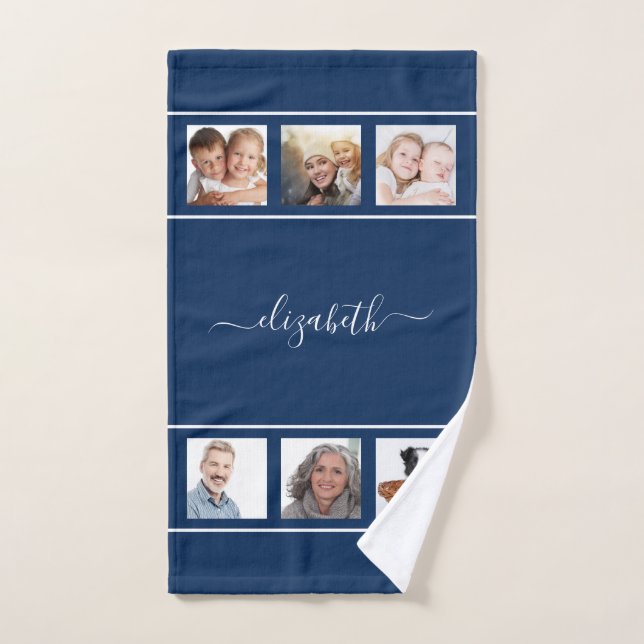 Navy blue photo collage monogram script hand towel (Hand Towel)