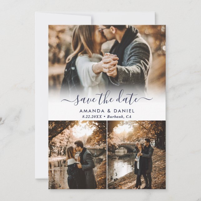 Navy Blue Photo Collage Save The Date Cards (Front)