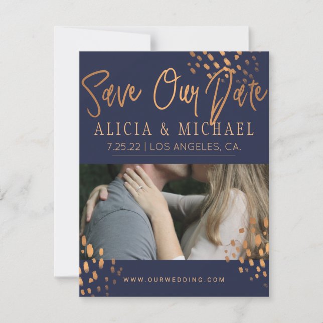 Navy Blue PHOTO Faux Rose Gold Foil Typography Save The Date (Front)