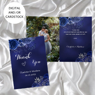 Navy blue photo flowers wedding thank you card
