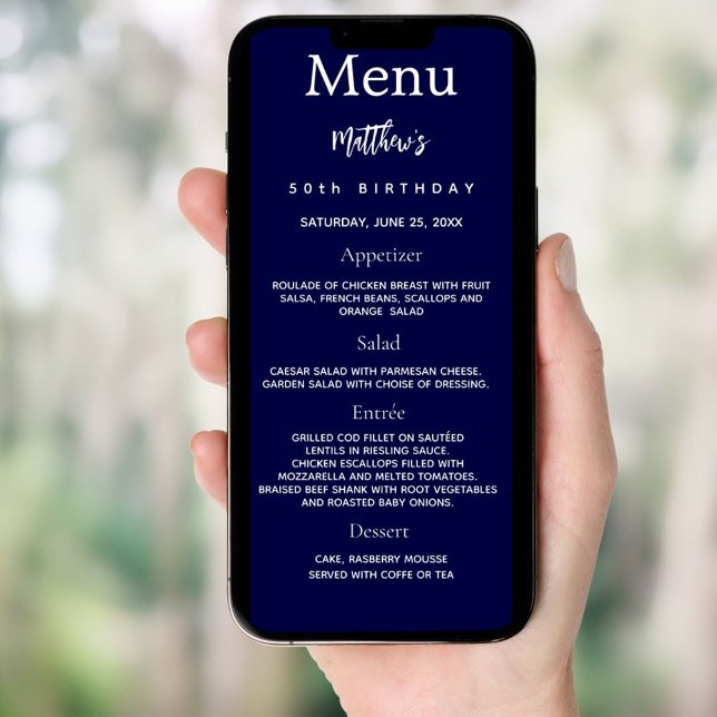Navy blue photo fun facts birthday menu card (Creator Uploaded)