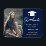 Navy Blue Photo Graduation Announcement Magnet<br><div class="desc">A classy custom photograph graduation announcement magnet in navy blue and gold for a high school,  college,  or university from the class of 2024. Customize with your school name and graduating class under the lovely calligraphy for a great personalized graduate photo magnet with your senior portrait.</div>