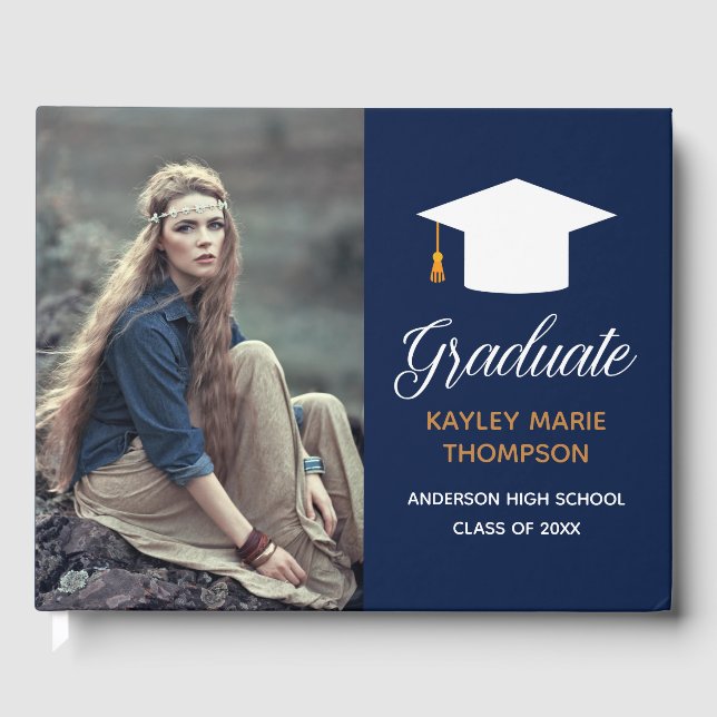 Navy Blue Photo Graduation Party Autograph Guest Book (Front)