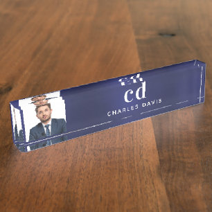 Navy blue photo initials professional executive nameplate