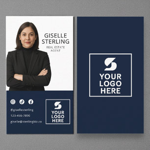 Navy Blue Photo Logo Real Estate Agent  Business Card