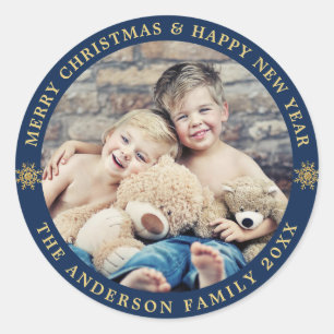Navy Blue Photo Merry Christmas Holiday PHOTO Classic Round Sticker
