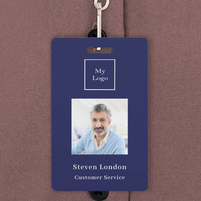 Navy blue photo name QR code business logo ID Badge (Creator Uploaded)