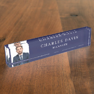 Navy blue photo office nameplate