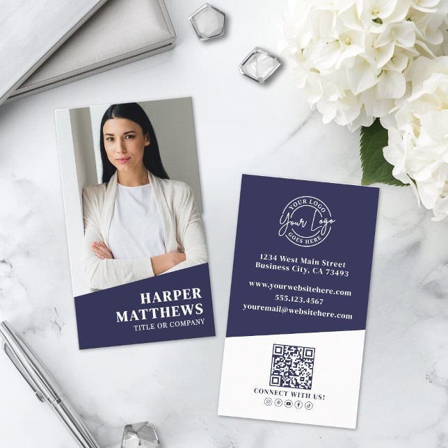 Navy Blue Photo QR Code Logo Vertical Business Card (Navy Blue Photo QR Code Logo Vertical Business Card )