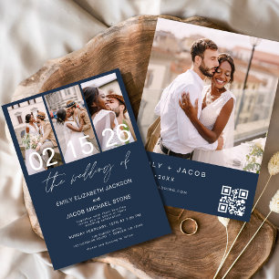 Navy Blue Photo QR code Wedding Minimalist Invitation