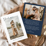 Navy Blue Photo Wedding Elegant Thank You Card<br><div class="desc">Introducing our Modern Script Simple Photo Wedding Thank You Card: Elevate your gratitude with our elegant thank you cards featuring modern script and your favourite wedding photo. These cards offer a stylish and minimalist design that perfectly complements any wedding aesthetic. Personalise them with a heartfelt message of appreciation to convey...</div>