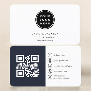 Navy Blue Photo with QR Code Social Media Business Card