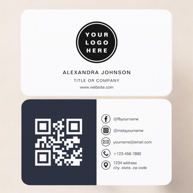 Navy Blue Photo with QR Code Social Media Business Card (Creator Uploaded)
