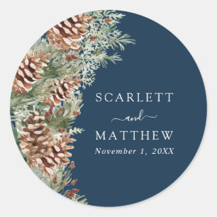 Navy Blue Pine Classic Round Sticker