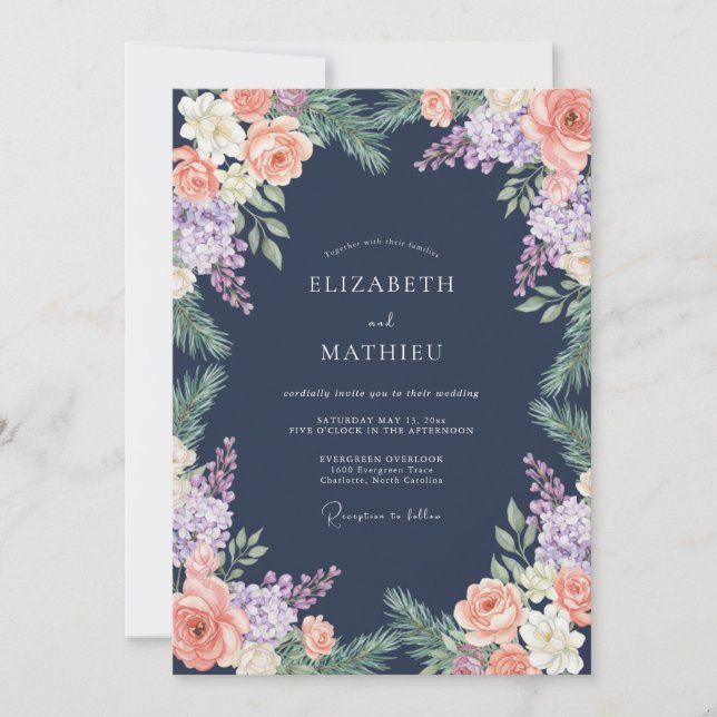 Navy Blue Pine Rose Midnight Wedding Invitation (Front)