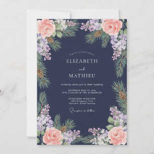 Navy Blue Pinecone Floral Winter Wedding Invitation