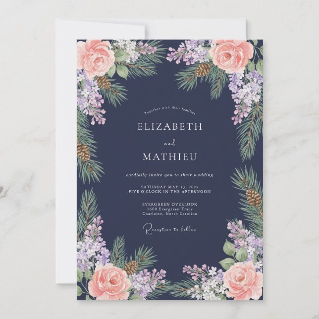 Navy Blue Pinecone Floral Winter Wedding Invitation (Front)