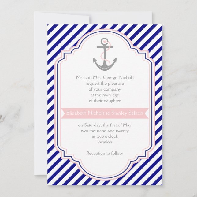 Navy blue, pink anchor & stripes nautical wedding invitation (Front)