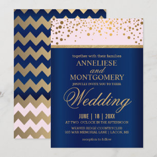 Navy Blue, Pink and Gold  Confetti Wedding Invitation