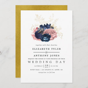 Navy Blue, Pink and Gold Vintage Rose Wedding Invitation