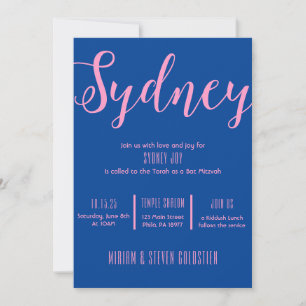 Navy Blue & Pink Bat Bar Mitzvah Party Invitation