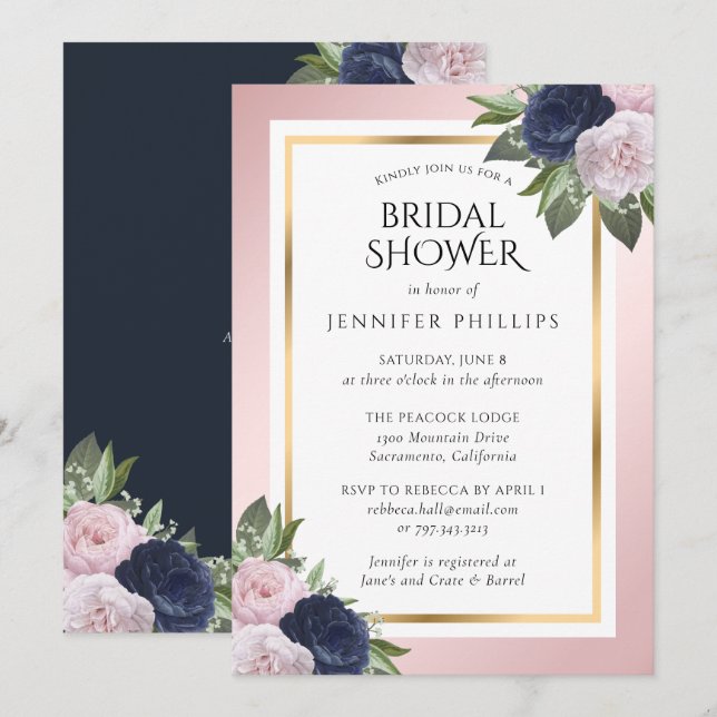 Navy Blue Pink Blush Gold Floral Bridal Shower Invitation (Front/Back)