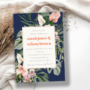 Navy Blue Pink Boho Tropical Floral Couples Shower Invitation