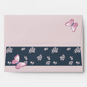 navy blue pink butterflies floral envelope
