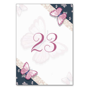 navy blue pink butterflies floral table number