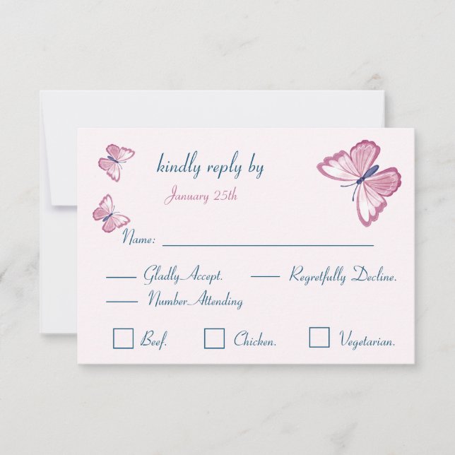 navy blue pink butterflies response card RSVP (Front)