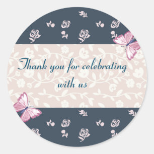 navy blue pink butterflies thank you classic round sticker