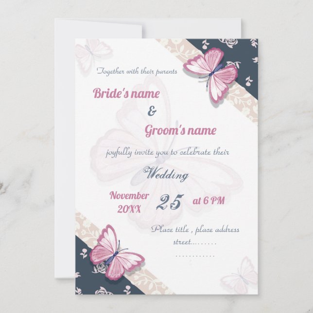 navy blue pink butterflies wedding invitation card (Front)