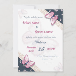 navy blue pink butterflies wedding invitation card