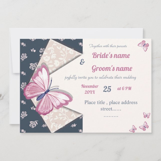 navy blue pink butterflies wedding invitation card (Front)