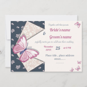 navy blue pink butterflies wedding invitation card