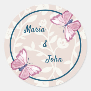 navy blue pink butterfly floral round stickers